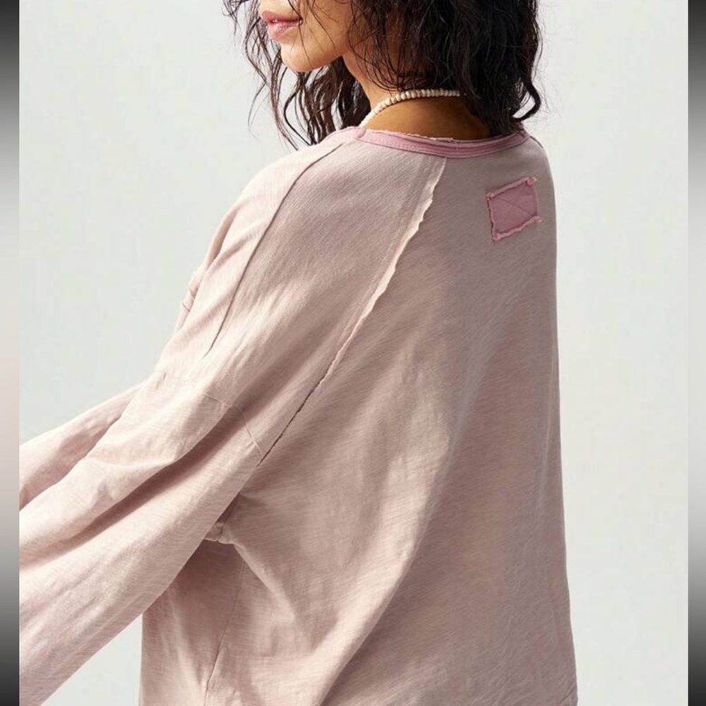 Floral patchwork top tee long sleeve light blush rose pink distressed wide NWT - Picture 3 of 5